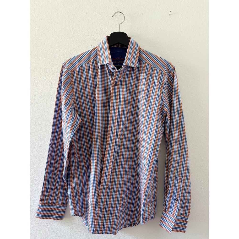 Robert Graham Tailored Fit Button Down Shirt Men S Blue Orange Plaid Check Long